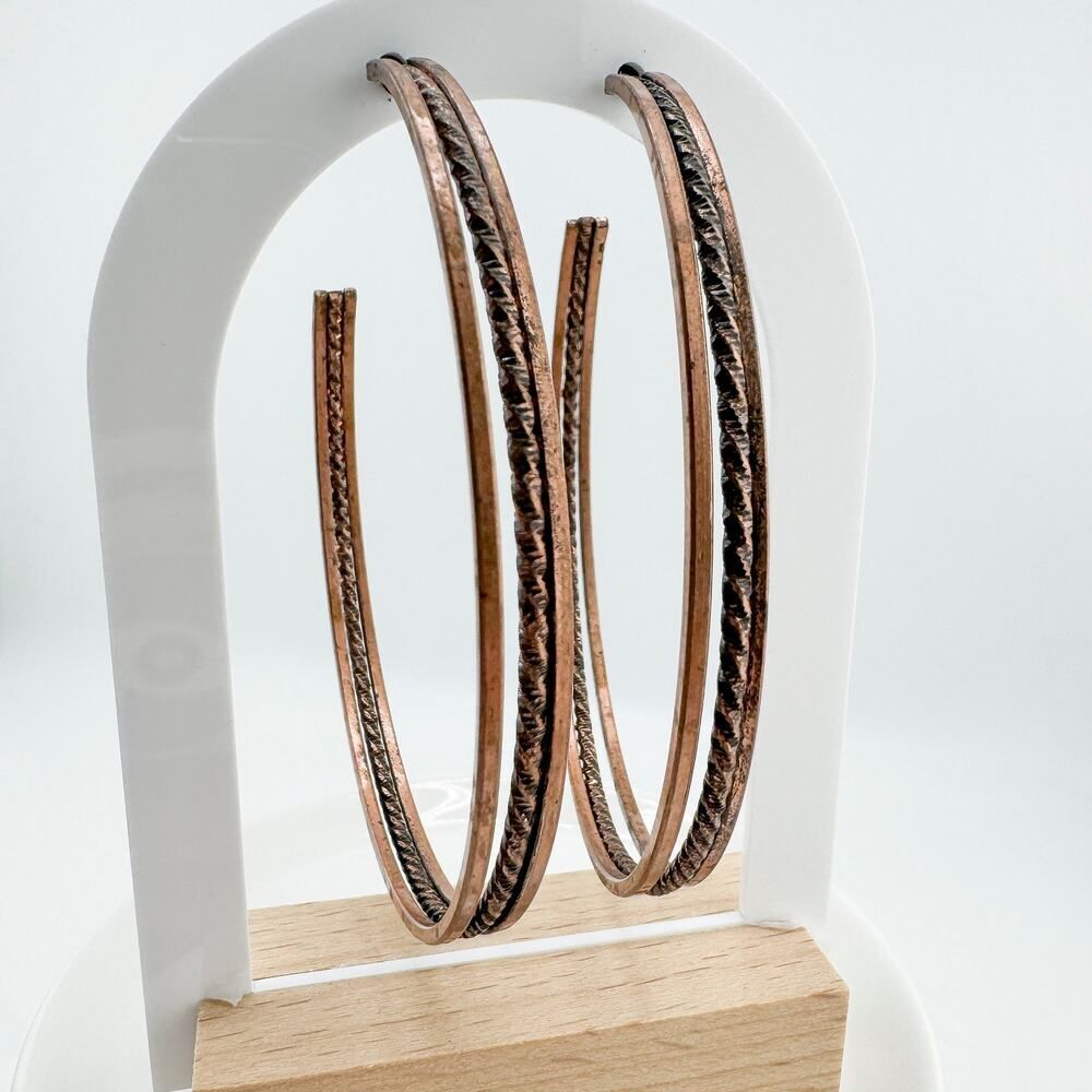 Vintage Large Copper Hoop Earrings Brutalist Statement Filigree Southwestern